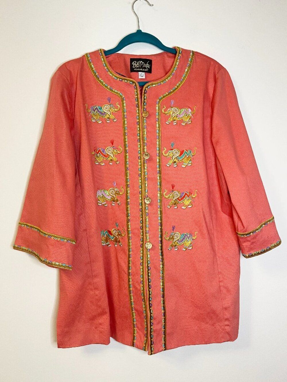 Bob Mackie Wearable Art Coral Elephant Embroidered Jacket Cotton Size Large
